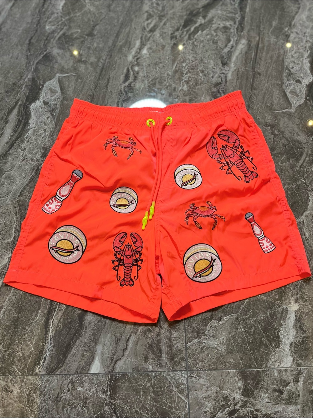 Bain de Mer Mens Royal Hold Up Monaco Swim Shorts Coral Red Embroidered L NEW